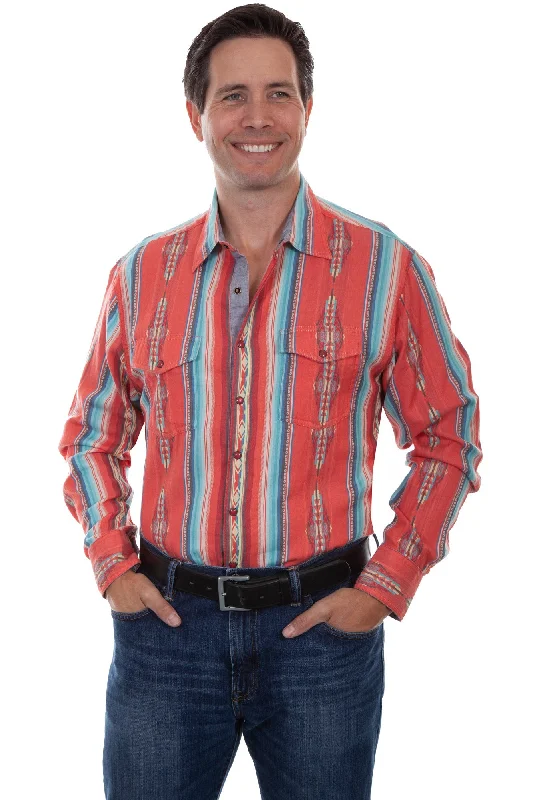 Men's rugged gingham shirt-Scully Mens Coral 100% Cotton Southwest L/S Shirt