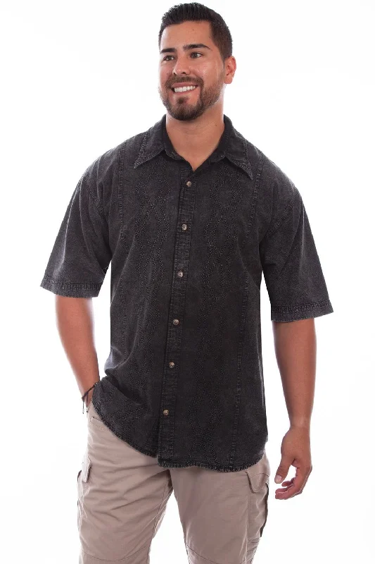 Men's long-sleeve gingham shirt-Scully Mens Distressed Black 100% Cotton Trac S/S Shirt