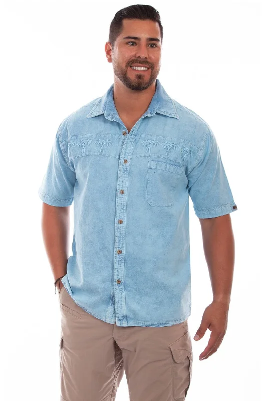 Men's bold twill shirt-Scully Mens Distressed Sky Blue 100% Cotton Palm Trees S/S Shirt