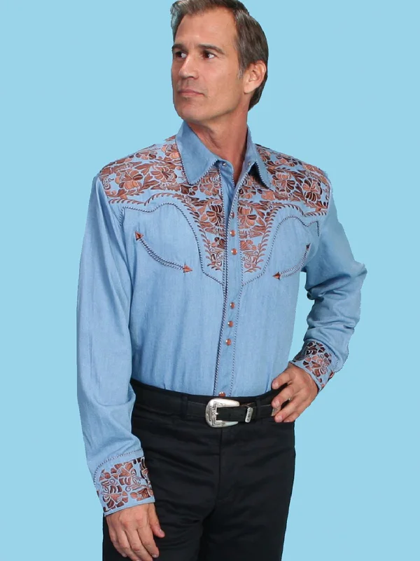 Men's trendy corduroy shirt-Scully Mens Floral Tooled Embroidery Light Blue Poly/Rayon L/S Shirt S