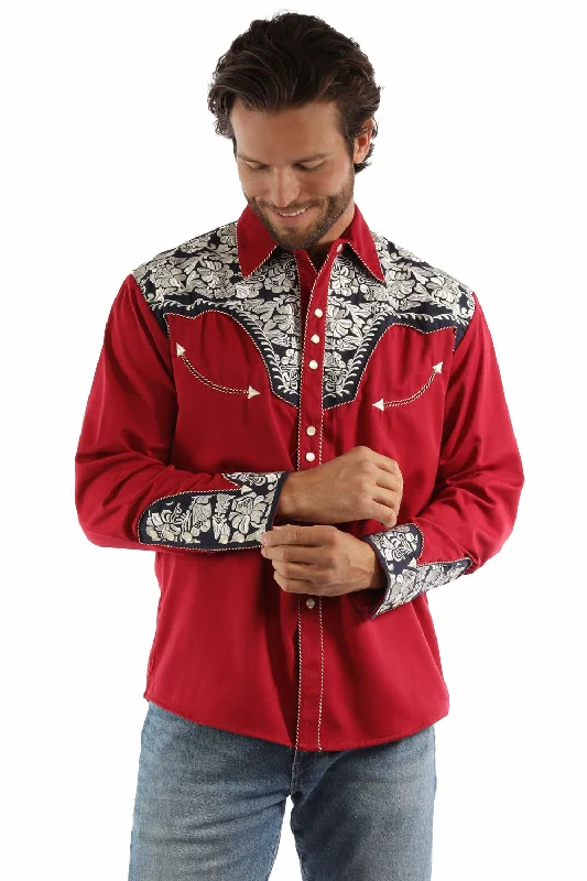 Men's trendy poplin shirt-Scully Mens Floral Tooled Red/White/Blue Poly/Rayon L/S Shirt 3X