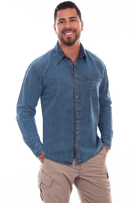 Men's breathable twill shirt-Scully Mens Lt Washed Denim 100% Cotton Trail Walk L/S Shirt