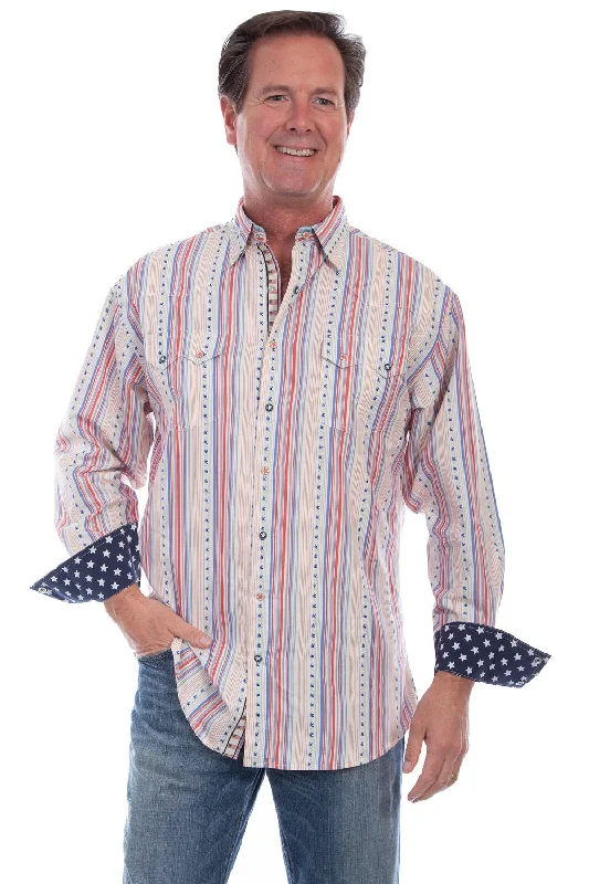 Men's modern corduroy shirt-Scully Mens Red/White/Blue 100% Cotton Signature Election L/S Shirt