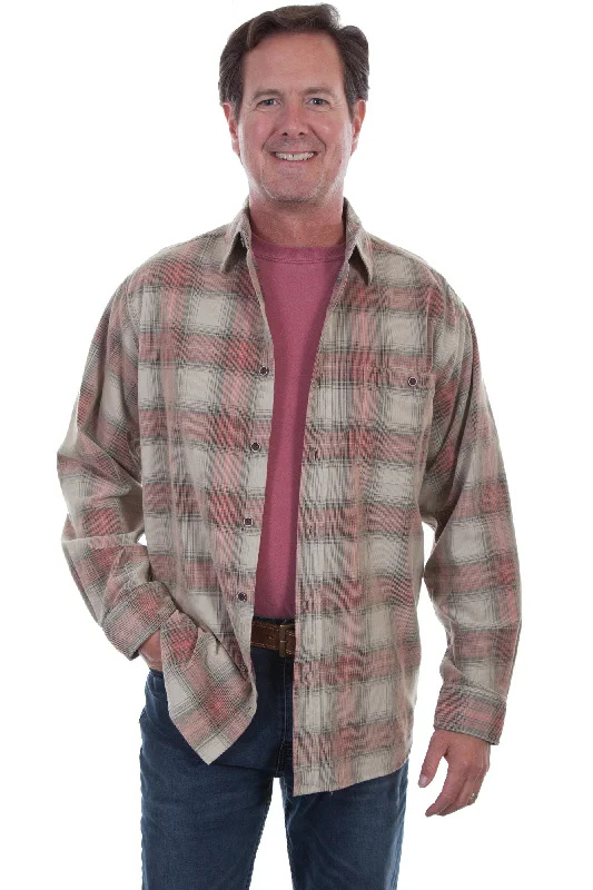 Men's breathable gingham shirt-Scully Mens Stone/Red 100% Cotton Cord Plaid L/S Shirt