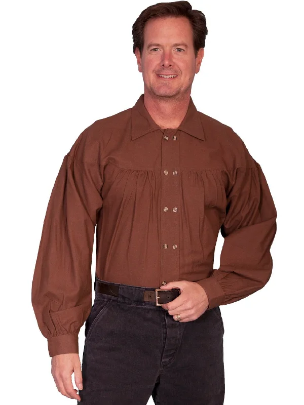 Men's rugged gingham shirt-Scully Rangewear Mens Chocolate 100% Cotton L/S Pleated Old West Shirt