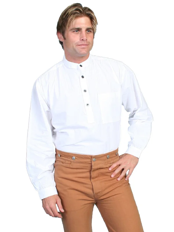 Men's short-sleeve twill shirt-Scully Rangewear Mens White 100% Cotton L/S Big Pullover Western Shirt