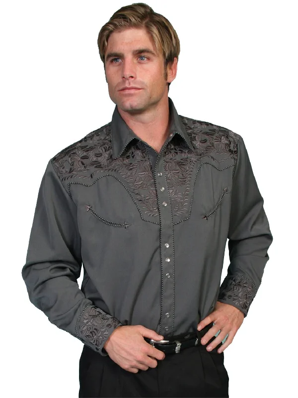 Men's short-sleeve corduroy shirt-Scully Western Mens Charcoal Polyester L/S Big Tooled Floral Western Shirt