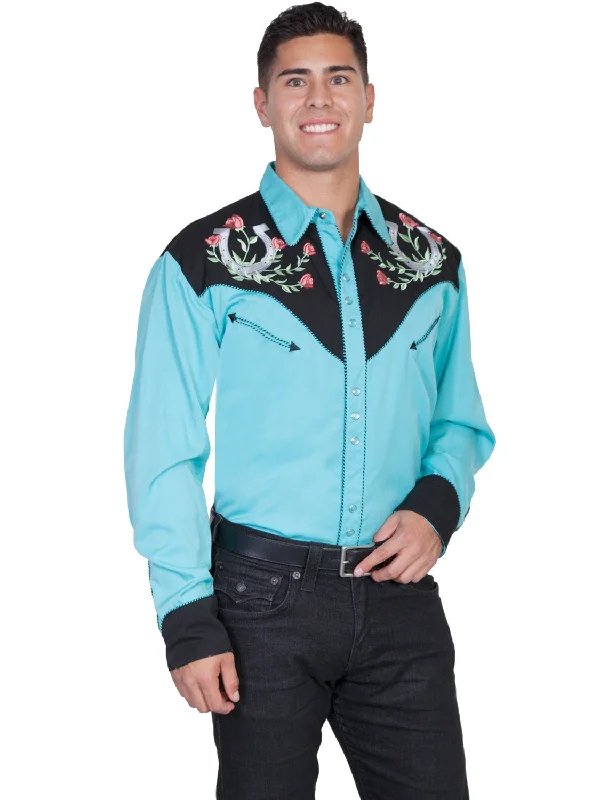 Men's breathable check shirt-Scully Western Mens Turquoise Polyester L/S Big Horseshoe Western Shirt