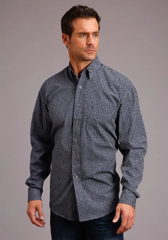 Men's formal herringbone shirt-Stetson Mens Blue 100% Cotton Diamond Mini BD L/S 1 Pkt Shirt