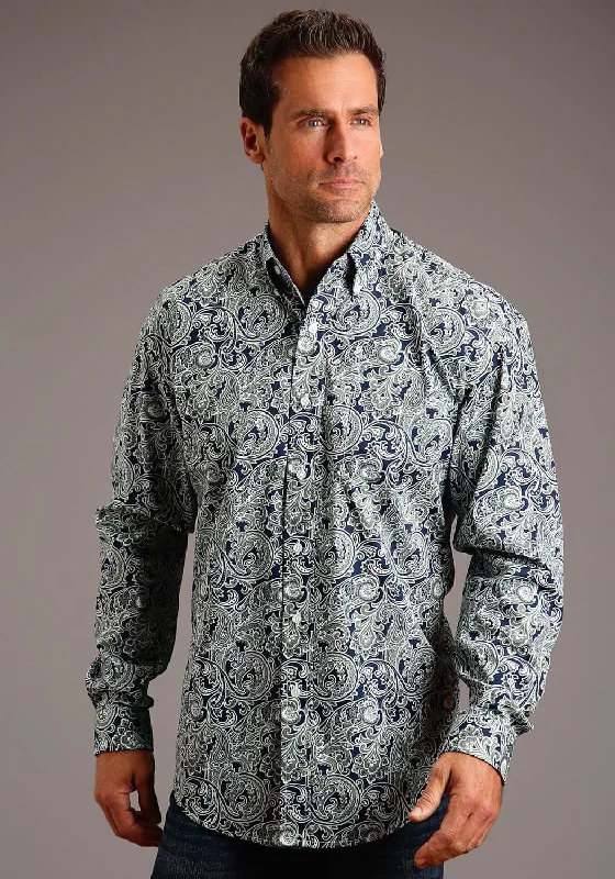 Men's elegant chambray shirt-Stetson Mens Blue 100% Cotton Greenspring Paisley BD L/S Shirt