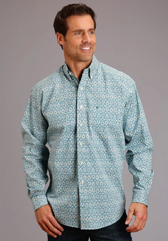 Men's short-sleeve corduroy shirt-Stetson Mens Blue 100% Cotton Vintage Pattern BD L/S 1 Pkt Shirt