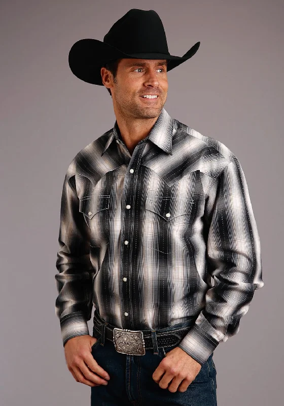 Men's bold check shirt-Stetson Mens Dobby Ombre Black/White 100% Cotton Tall L/S Shirt