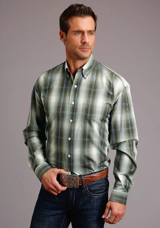 Men's lightweight check shirt-Stetson Mens Green 100% Cotton Moss Ombre BD L/S 1 Pkt Shirt L