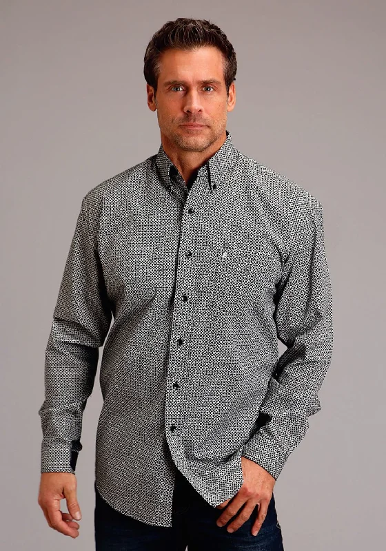 Men's soft gingham shirt-Stetson Mens Ornate Geo Black 100% Cotton 1 Pkt L/S Shirt