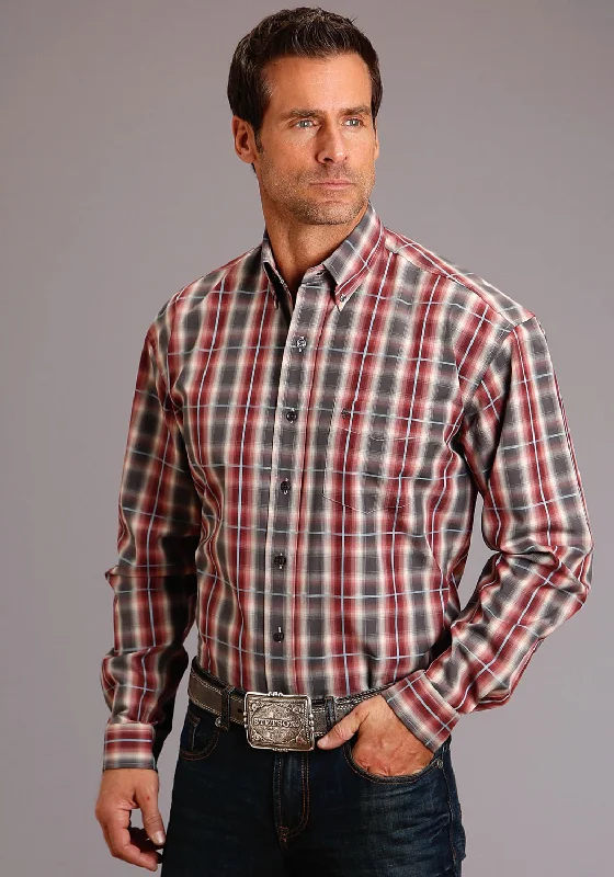 Men's slim herringbone shirt-Stetson Mens Red 100% Cotton Slate Plaid BD L/S 1 Pocket Shirt