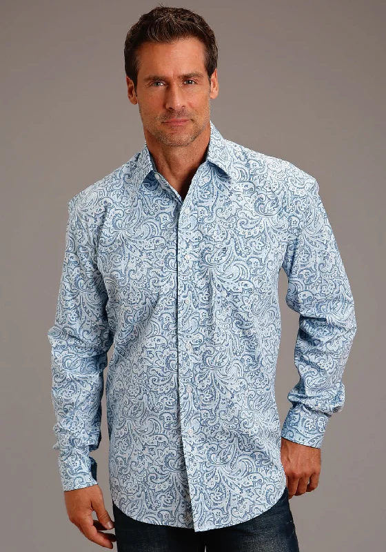 Men's modern chambray shirt-Stetson Mens Tooling Paisley Blue 100% Cotton 1 Pkt L/S Shirt