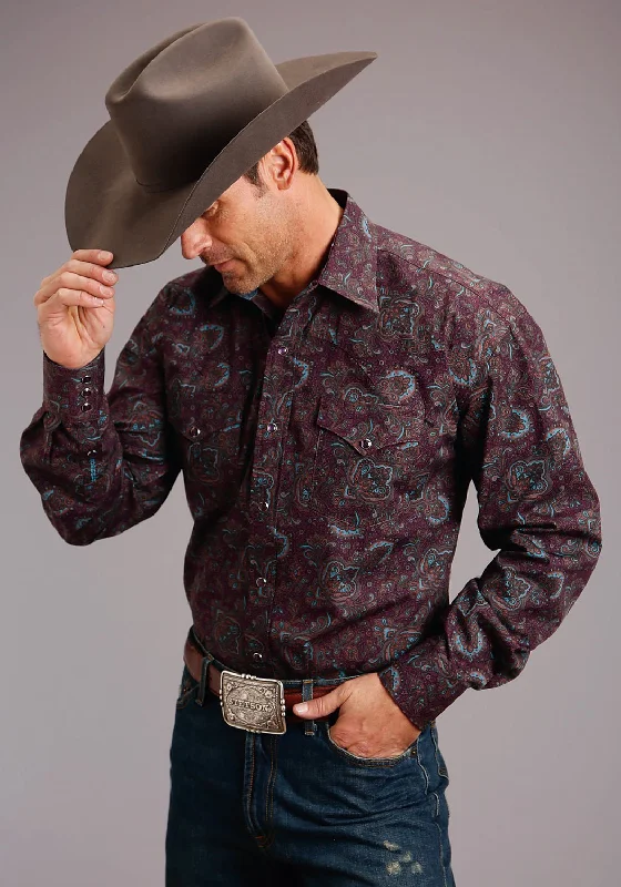 Men's breathable twill shirt-Stetson Mens Wine Paisley Wine 100% Cotton Tall L/S Shirt