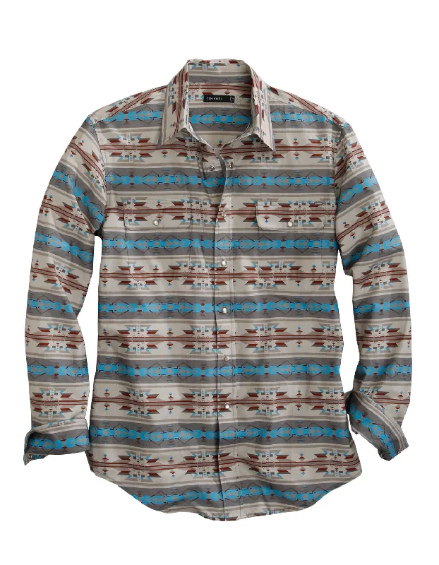 Men's slim fit poplin shirt-Tin Haul Mens Brown/Blue 100% Cotton Sand Painting L/S Shirt