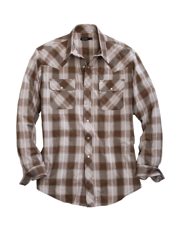 Men's bold herringbone shirt-Tin Haul Mens Grey 100% Cotton Buffalo Dobby L/S Shirt