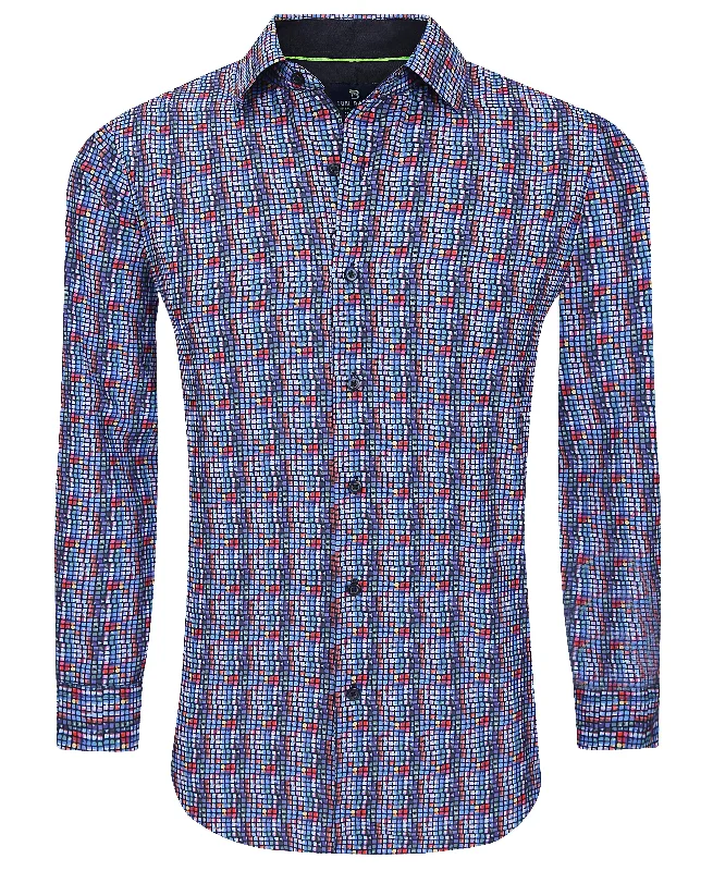 Men's trendy gingham shirt-Tom Baine Slim Fit Performance Long Sleeve Geometric Button Down