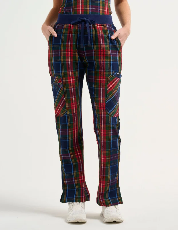 Men's rugged twill pants-Essential Multi-Pocket Scrub Pants - Christmas Blue Tartan