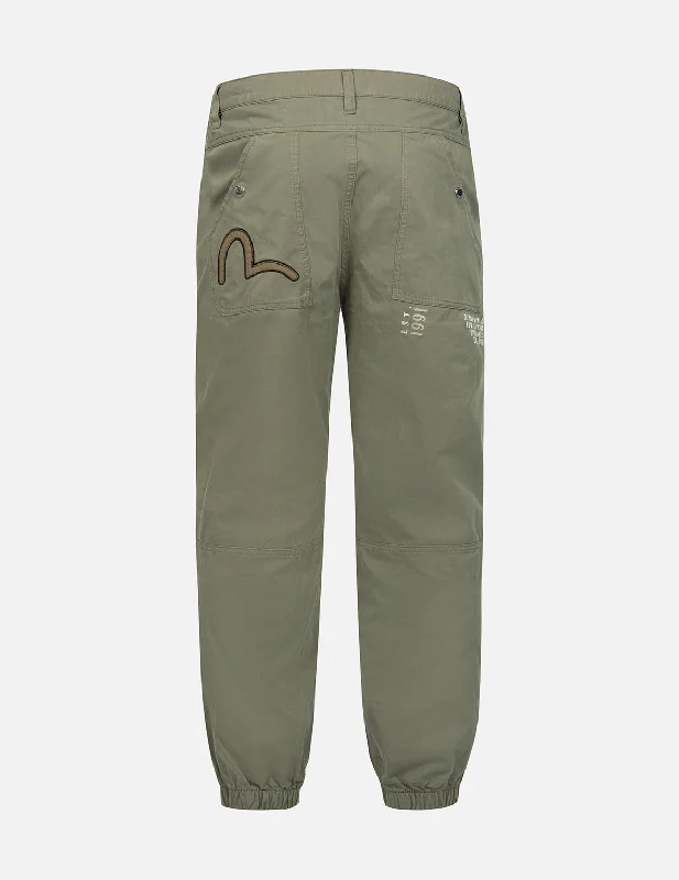 Men's comfy cargo trousers-Seagull Appliqué Embroidery and Slogan Print Relax Fit Cargo Pants