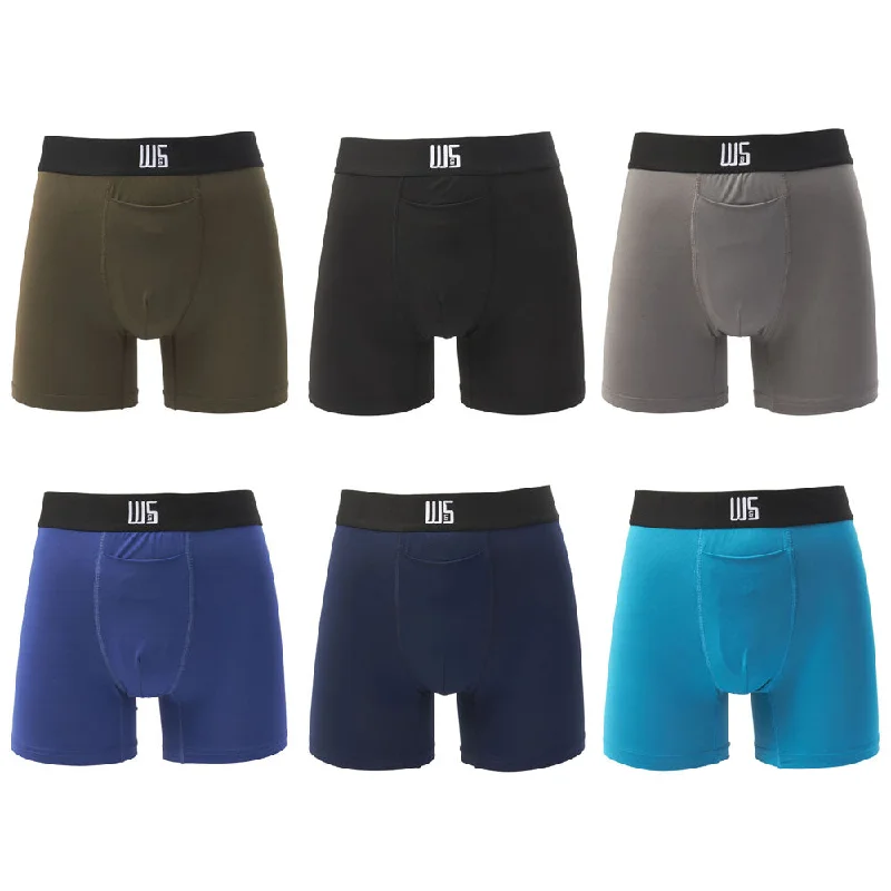 men's warm underwear pack-4" Inseam Trunk Boxer Brief 6 Pack - WarriorFit Moisture Wicking Fabric - W/Chafe Safe Pouch