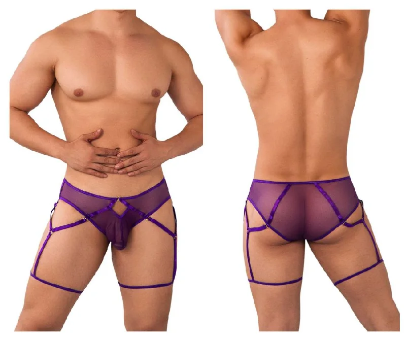 men's boxer briefs-CandyMan 99625 Mesh Garter Briefs Color Purple